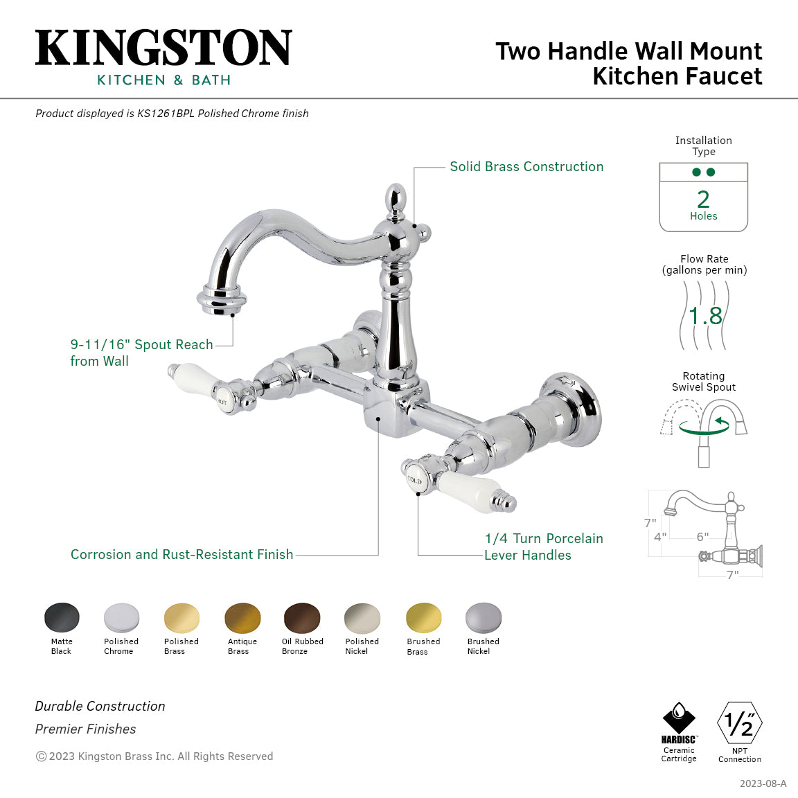 Kingston Heirloom KS1268BPL - Bel-Air Two-Handle 2-Hole Wall Mount Bridge Kitchen Faucet, Brushed Nickel — thumbnail 2